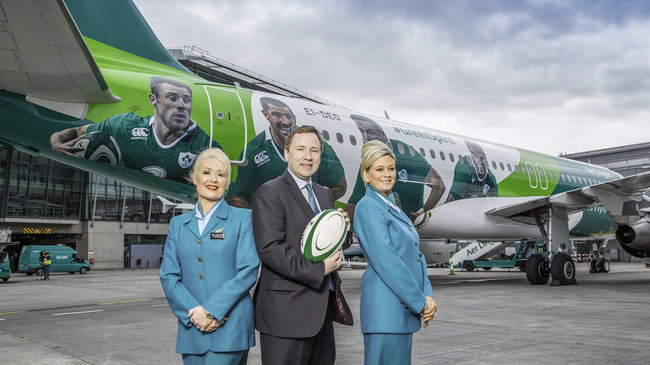 Stephen Kavanagh, Chief Executive Officer, Aer Lingus and cabin crew Tracy Johansson & Sarah Nolan, today unveiled the Green Spirit, an Airbus 320, painted in IRFU livery. The livery is part of Aer Lingus’ new three year partnership deal with the IRFU. The deal will see Aer Lingus flying players, management and support staff around Europe as they compete in the RBS 6 Nations Championships and in other high profile international tournaments.  Green Spirit will go into service tomorrow, Monday 11th May, operating across Aer Lingus’ short haul network to the U.K and Continental Europe. The aircraft has been given its own hash-tag #GreenSpirit.